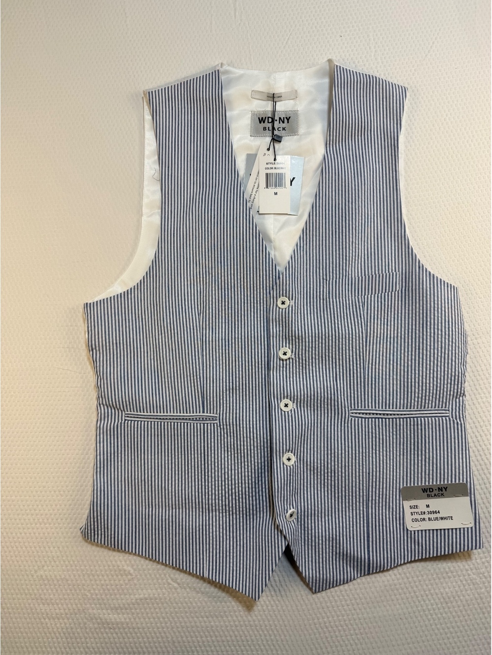 WD NY Black Mens M Seersucker Suit Vest Blue White Striped New Coastal Preppy